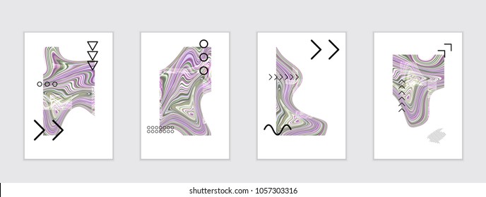 Abstract cover template with marble design elements. Poster with geometric shapes and multicolored striped random overlapping shapes creating marble effect.