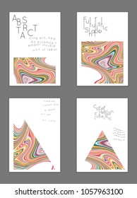 Abstract cover template with marble design elements. Poster with geometric shapes and multicolored striped random overlapping shapes creating marble effect.