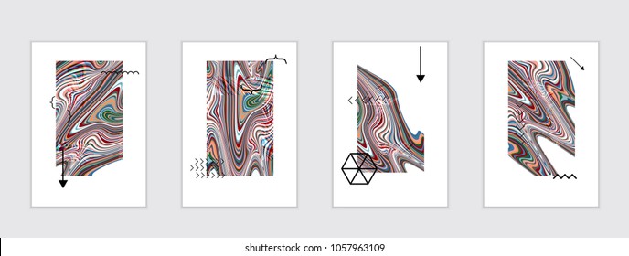 Abstract cover template with marble design elements. Poster with geometric shapes and multicolored striped random overlapping shapes creating marble effect.