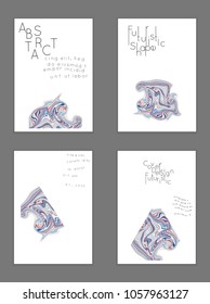 Abstract cover template with marble design elements. Poster with geometric shapes and multicolored striped random overlapping shapes creating marble effect.