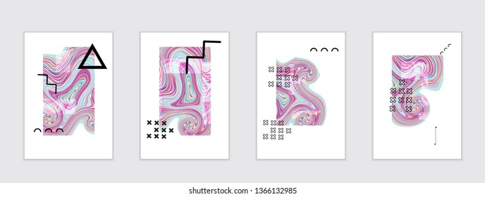 Abstract cover template with marble design elements. Poster with geometric shapes and multicolored striped random overlapping shapes creating marble effect.
