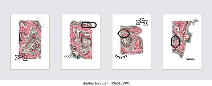 Abstract cover template with marble design elements. Poster with geometric shapes and multicolored striped random overlapping shapes creating marble effect.