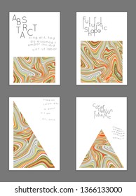 Abstract cover template with marble design elements. Poster with geometric shapes and multicolored striped random overlapping shapes creating marble effect.