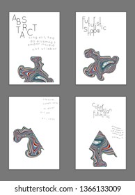 Abstract cover template with marble design elements. Poster with geometric shapes and multicolored striped random overlapping shapes creating marble effect.
