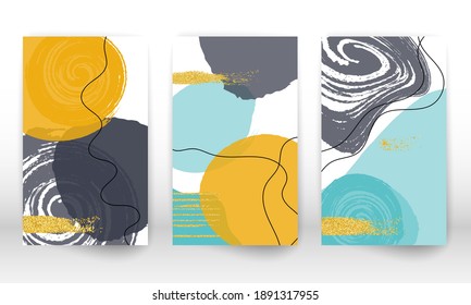 Abstract cover template. Set of geometric shapes and lines. Watercolor painting texture brochure design. Minimalist hand painted shapes and gold particles. Shapes watercolor.