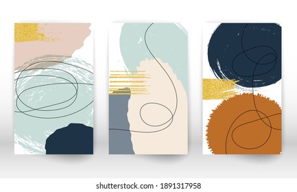 Abstract cover template. Set of geometric shapes and lines. Watercolor painting texture brochure design. Minimalist hand painted shapes and gold particles. Shapes watercolor.