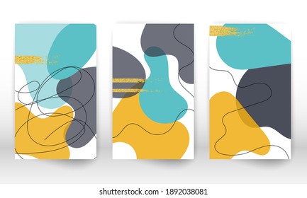 Plantilla de portada abstracta. Conjunto de formas y líneas geométricas. Diseño del folleto de textura de pintura acuarela. Formas minimalistas pintadas a mano y partículas de oro.