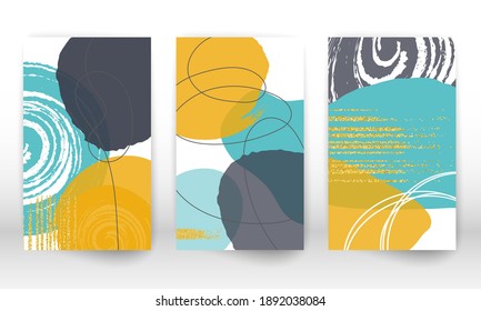 Abstract cover template. Set of geometric shapes and lines. Watercolor painting texture brochure design. Minimalist hand painted shapes and gold particles. Shapes watercolor.