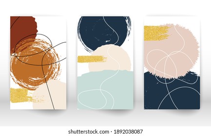 Abstract cover template. Set of geometric shapes and lines. Watercolor painting texture brochure design. Minimalist hand painted shapes and gold particles. Shapes watercolor.