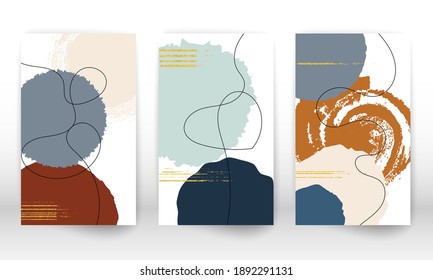 Abstrakte Titelvorlage. Satz geometrischer Formen und Linien. Aquarellmalerei Textur Broschüre Design. Minimalistische handgemalte Formen und Goldpartikel.