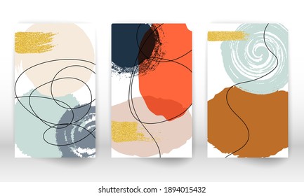 Abstrakte Titelvorlage. Satz geometrischer Formen und Linien. Aquarellmalerei Textur Broschüre Design. Minimalistische handgemalte Formen und Goldpartikel.