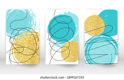 Abstract cover template. Set of geometric shapes and lines. Watercolor painting texture brochure design. Minimalist hand painted shapes and gold particles.