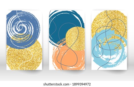 Plantilla de portada abstracta. Conjunto de formas y líneas geométricas. Diseño del folleto de textura de pintura acuarela. Formas minimalistas pintadas a mano y partículas de oro.