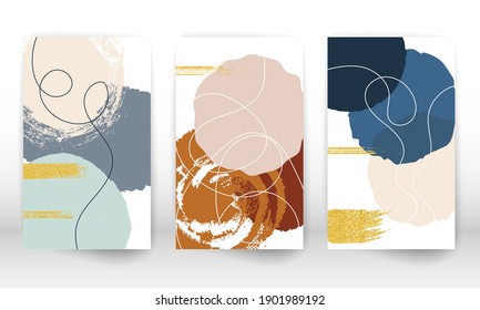 Abstract cover template. Set of geometric shapes and lines. Watercolor painting texture brochure design. Minimalist hand painted shapes and gold particles.