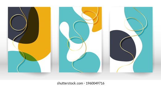 Abstract cover template. Set of geometric shapes and lines. Imitation watercolor painting texture brochure design. Minimalist hand painted shapes, gold lines.