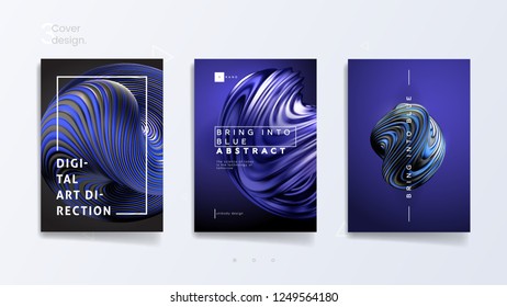 Abstract cover template set with trendy 3d twisted shape - Bring Into Blue, can be used for business presentation, luxury poster and branding broshure. Vector illustration
