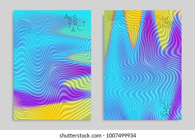 Abstract cover template with stripes on colorful blurred background. Poster with gradient colored  fluid shapes. Bright liquid striped futuristic banner with marble texture over glow color.