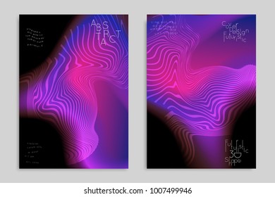 Abstract cover template with stripes on colorful blurred background. Poster with gradient colored  fluid shapes. Bright liquid striped futuristic banner with marble texture over glow color.