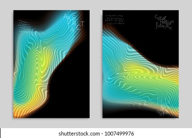 Abstract cover template with stripes on colorful blurred background. Poster with gradient colored  fluid shapes. Bright liquid striped futuristic banner with marble texture over glow color.