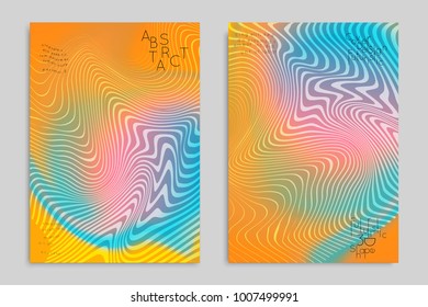 Abstract cover template with stripes on colorful blurred background. Poster with gradient colored  fluid shapes. Bright liquid striped futuristic banner with marble texture over glow color.