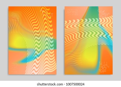 Abstract cover template with stripes on colorful blurred background. Poster with gradient colored  fluid shapes. Bright liquid striped futuristic banner with marble texture over glow color.
