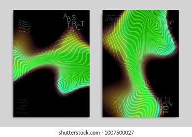Abstract cover template with stripes on colorful blurred background. Poster with gradient colored  fluid shapes. Bright liquid striped futuristic banner with marble texture over glow color.