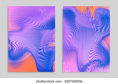 Abstract cover template with stripes on colorful blurred background. Poster with gradient colored  fluid shapes. Bright liquid striped futuristic banner with marble texture over glow color.