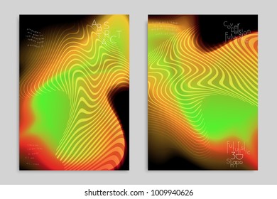 Abstract cover template with stripes on colorful blurred background. Poster with gradient colored  fluid shapes. Bright liquid striped futuristic banner with marble texture over glow color.