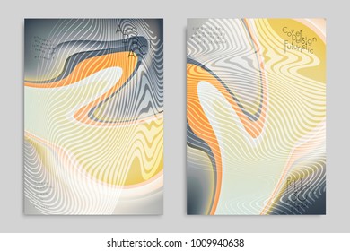 Abstract cover template with stripes on colorful blurred background. Poster with gradient colored  fluid shapes. Bright liquid striped futuristic banner with marble texture over glow color.