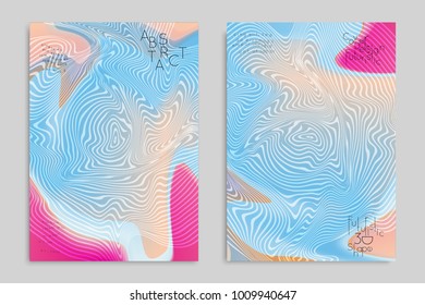 Abstract cover template with stripes on colorful blurred background. Poster with gradient colored  fluid shapes. Bright liquid striped futuristic banner with marble texture over glow color.