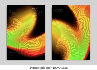 Abstract cover template with stripes on colorful blurred background. Poster with gradient colored  fluid shapes. Bright liquid striped futuristic banner with marble texture over glow color.