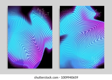 Abstract cover template with stripes on colorful blurred background. Poster with gradient colored  fluid shapes. Bright liquid striped futuristic banner with marble texture over glow color.