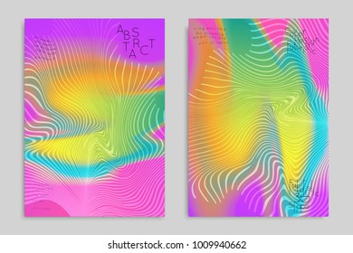 Abstract cover template with stripes on colorful blurred background. Poster with gradient colored  fluid shapes. Bright liquid striped futuristic banner with marble texture over glow color.