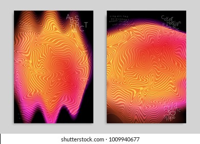 Abstract cover template with stripes on colorful blurred background. Poster with gradient colored  fluid shapes. Bright liquid striped futuristic banner with marble texture over glow color.