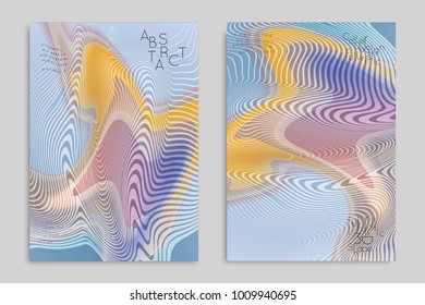 Abstract cover template with stripes on colorful blurred background. Poster with gradient colored  fluid shapes. Bright liquid striped futuristic banner with marble texture over glow color.