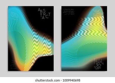 Abstract cover template with stripes on colorful blurred background. Poster with gradient colored  fluid shapes. Bright liquid striped futuristic banner with marble texture over glow color.