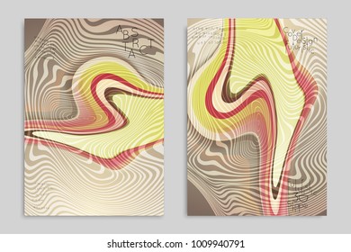 Abstract cover template with stripes on colorful blurred background. Poster with gradient colored  fluid shapes. Bright liquid striped futuristic banner with marble texture over glow color.