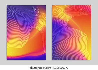 Abstract cover template with stripes on colorful blurred background. Poster with gradient colored  fluid shapes. Bright liquid striped futuristic banner with marble texture over glow color.