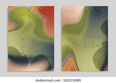 Abstract cover template with stripes on colorful blurred background. Poster with gradient colored  fluid shapes. Bright liquid striped futuristic banner with marble texture over glow color.