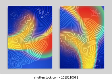 Abstract cover template with stripes on colorful blurred background. Poster with gradient colored  fluid shapes. Bright liquid striped futuristic banner with marble texture over glow color.