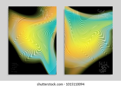 Abstract cover template with stripes on colorful blurred background. Poster with gradient colored  fluid shapes. Bright liquid striped futuristic banner with marble texture over glow color.