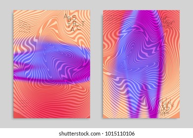 Abstract cover template with stripes on colorful blurred background. Poster with gradient colored  fluid shapes. Bright liquid striped futuristic banner with marble texture over glow color.
