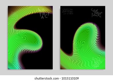 Abstract cover template with stripes on colorful blurred background. Poster with gradient colored  fluid shapes. Bright liquid striped futuristic banner with marble texture over glow color.