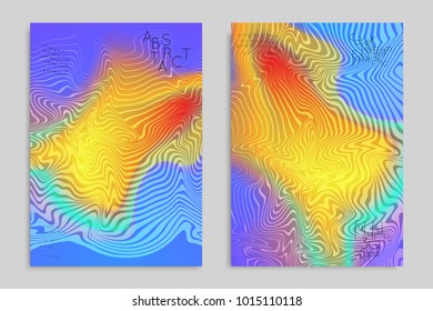 Abstract cover template with stripes on colorful blurred background. Poster with gradient colored  fluid shapes. Bright liquid striped futuristic banner with marble texture over glow color.