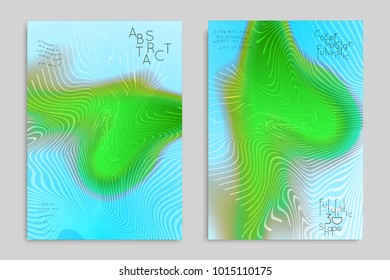 Abstract cover template with stripes on colorful blurred background. Poster with gradient colored  fluid shapes. Bright liquid striped futuristic banner with marble texture over glow color.