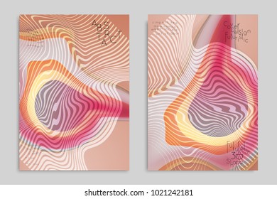 Abstract cover template with stripes on colorful blurred background. Poster with gradient colored  fluid shapes. Bright liquid striped futuristic banner with marble texture over glow color.