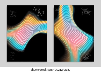 Abstract cover template with stripes on colorful blurred background. Poster with gradient colored  fluid shapes. Bright liquid striped futuristic banner with marble texture over glow color.