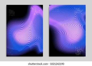 Abstract cover template with stripes on colorful blurred background. Poster with gradient colored  fluid shapes. Bright liquid striped futuristic banner with marble texture over glow color.