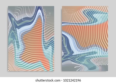 Abstract cover template with stripes on colorful blurred background. Poster with gradient colored  fluid shapes. Bright liquid striped futuristic banner with marble texture over glow color.