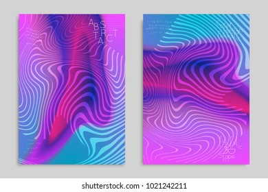 Abstract cover template with stripes on colorful blurred background. Poster with gradient colored  fluid shapes. Bright liquid striped futuristic banner with marble texture over glow color.